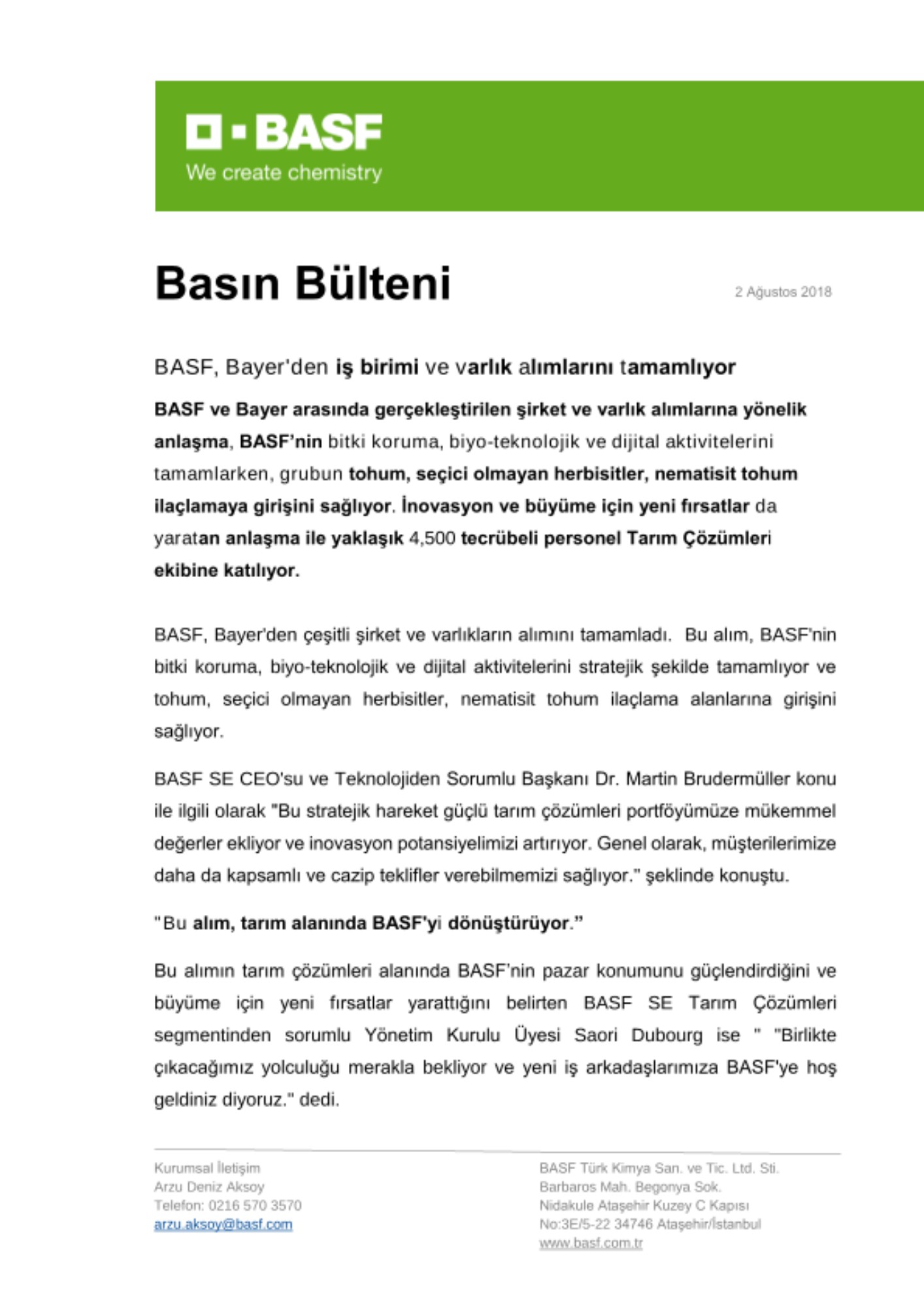 BASF, Bayer'den iş birimi ve varlık alımlarını tamamlıyor